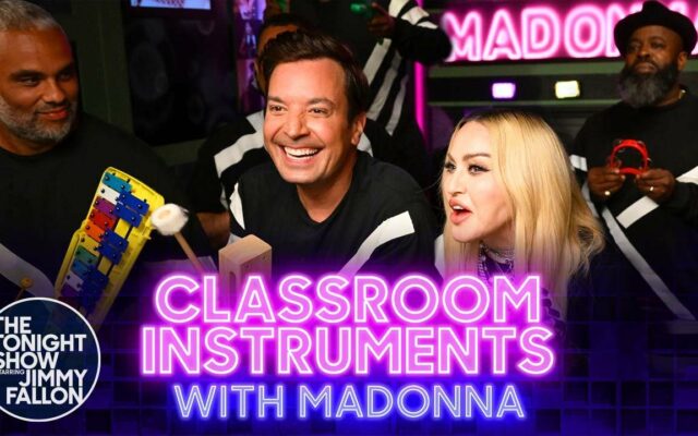Madonna, Jimmy Fallon and The Roots Sing “Music” With Classroom Instruments